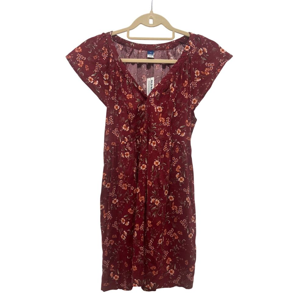 Old Navy Babydoll Pockets Red Maroon Fall Vibe Cotton Blend Floral Dress XS NWT